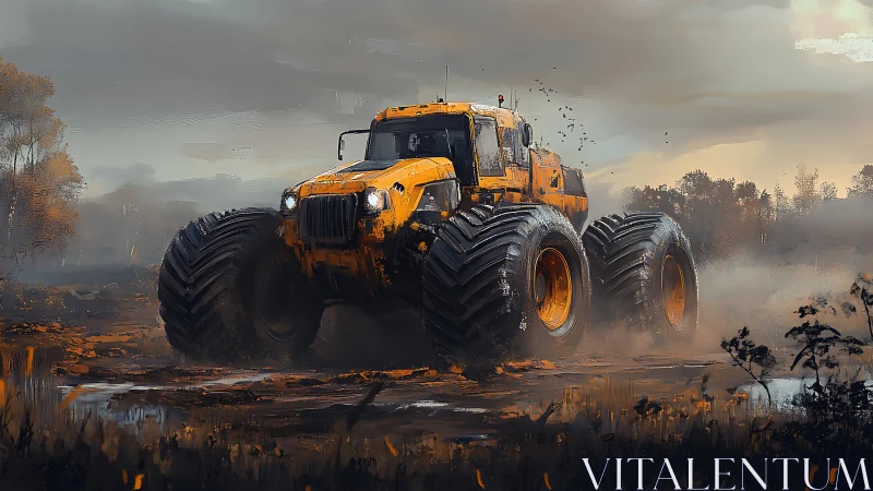 Massive off road tractor storms through a misty autumn marsh