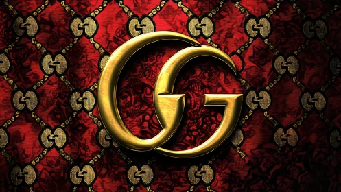 Interlocking gold GG emblem on ornate crimson textile.