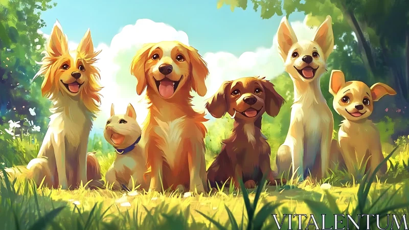 Group of cheerful cartoon dogs sitting in sunny meadow.
