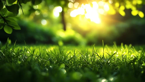 Golden morning sunlight dances gently across fresh grass