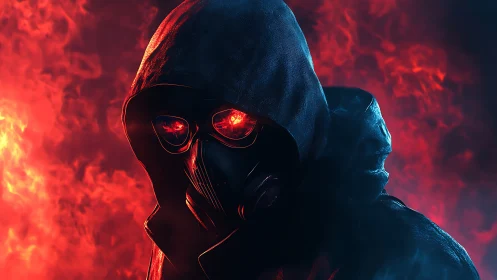 Hooded gas mask figure with glowing red eyes in flame haze