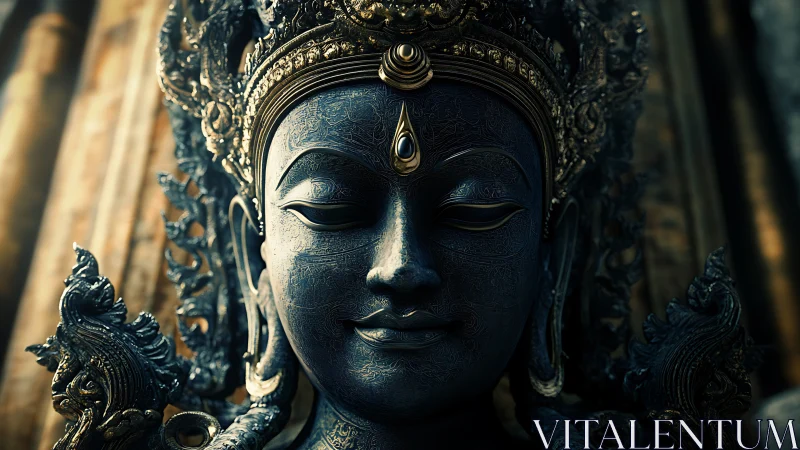 Ornate dark metal deity statue with detailed headdress.