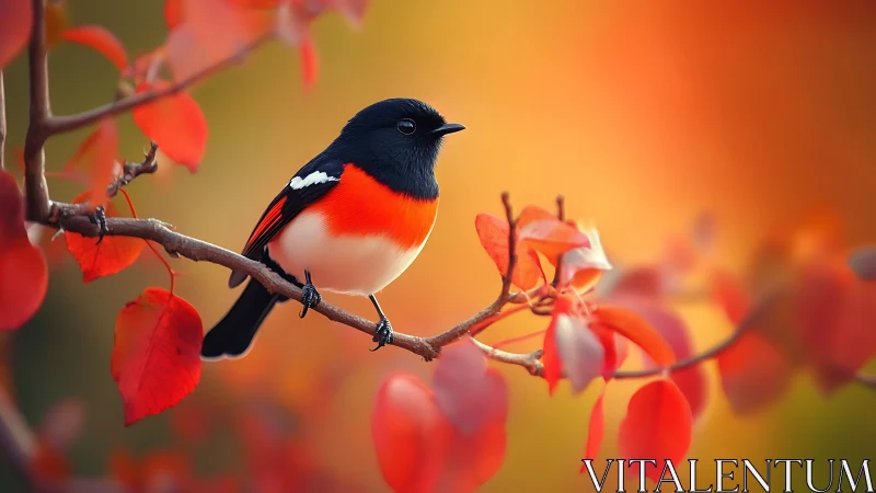 Striking songbird on autumn branch with vivid red-orange leaves.
