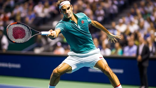 Focused tennis player reaching for a powerful forehand shot.