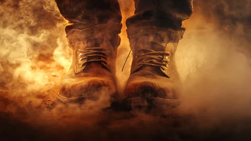Sturdy boots stride forward through swirling golden smoke