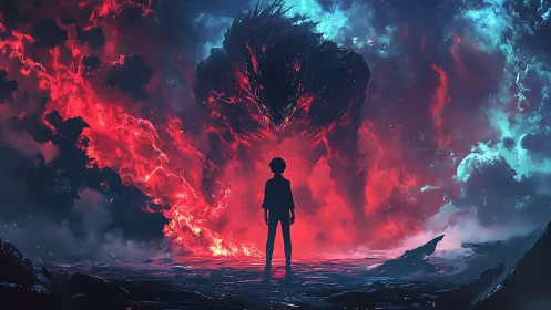 Silhouetted youth confronts colossal voidfire entity.