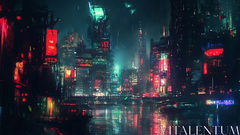 Rain-soaked cyberpunk megacity skyline with neon reflections
