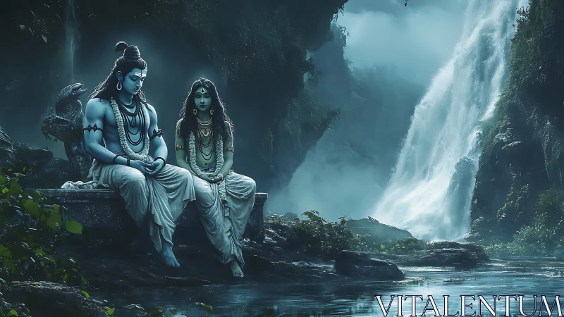 Two seated blue figures observe a waterfall in dense forest