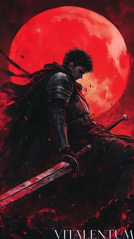 Brooding moonlit warrior resting beneath a crimson sky.