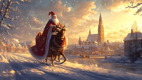 Santa rides through a golden dusk over snowy canal town.
