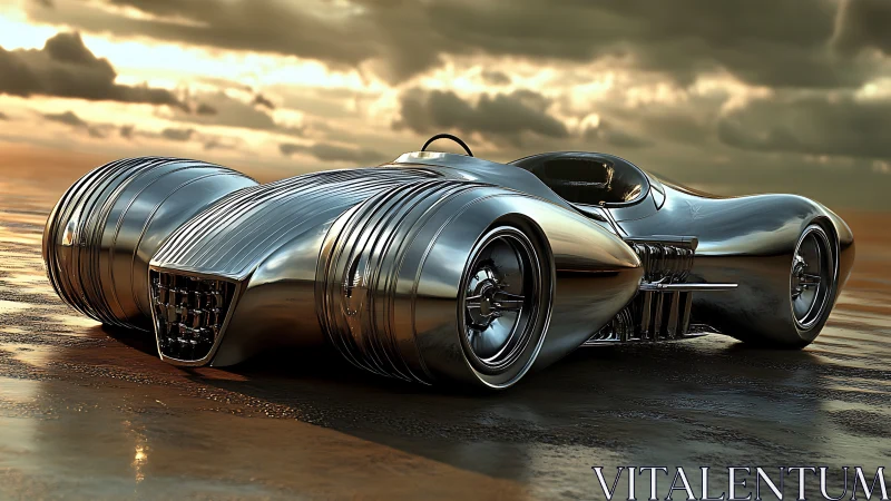 Streamlined chrome concept car rendered in cinematic sunset light