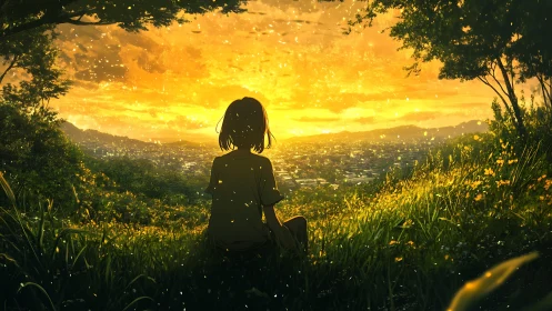 Solitary girl watching a glowing golden city sunset sky.