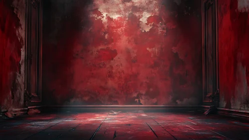 Decayed crimson chamber with textured patina and raking light.