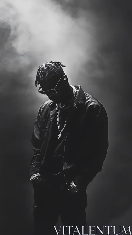 Moody monochrome portrait captures a reflective hip hop artist