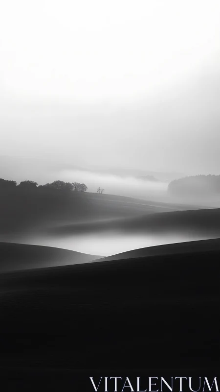 Monochrome hills veiled in luminous morning fogscape.