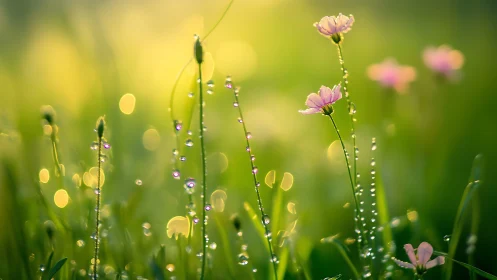 Pink Wildflowers with Dew Drops in Soft Meadow Light.