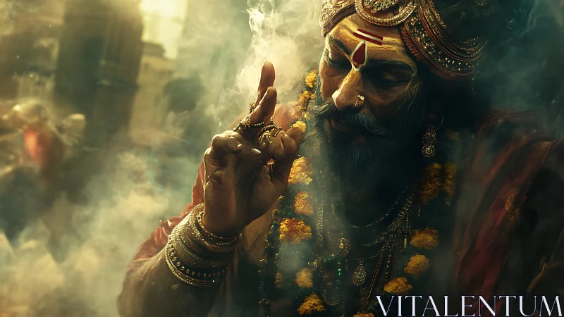 Mystic sage in swirling incense clouds gestures in quiet blessing.