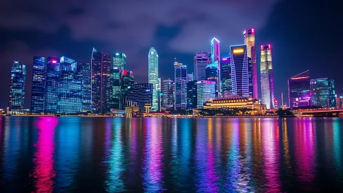Colorful modern city skyline reflected on calm night water.