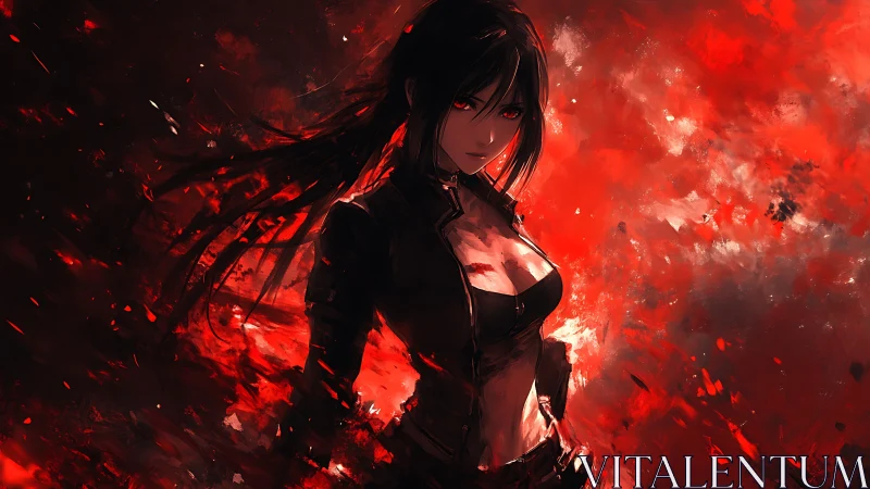 Dark-haired anime warrior stands amid blazing red storm.