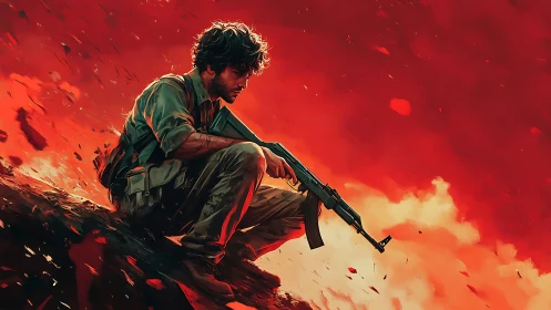 Solitary combatant crouches amid blazing crimson fallout.