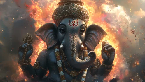 Divine Ganesha icon rendered in cinematic fiery digital chiaroscuro