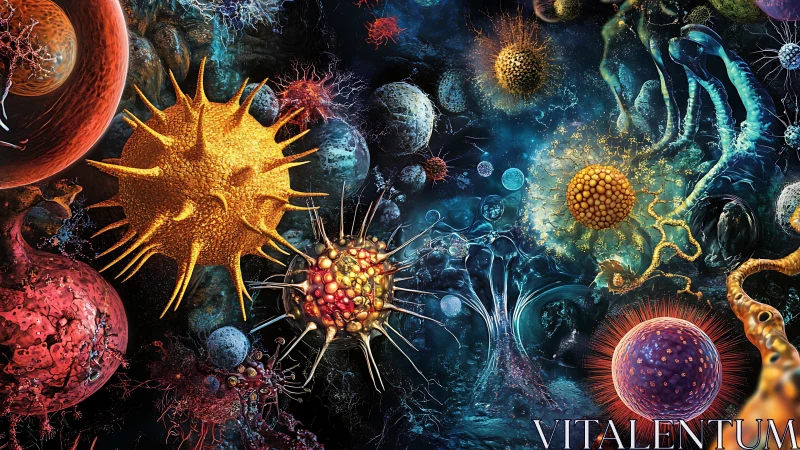 Microscopic alien cells float in a vivid cosmic bioverse