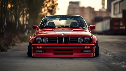 Lowered red BMW coupe on empty industrial roadway.