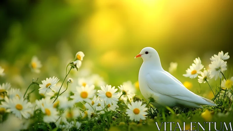 White Dove Rests Among White Daisies in Green Garden.