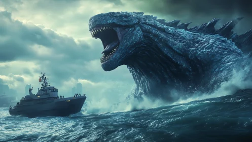 Giant sea monster roars beside warship in stormy ocean.