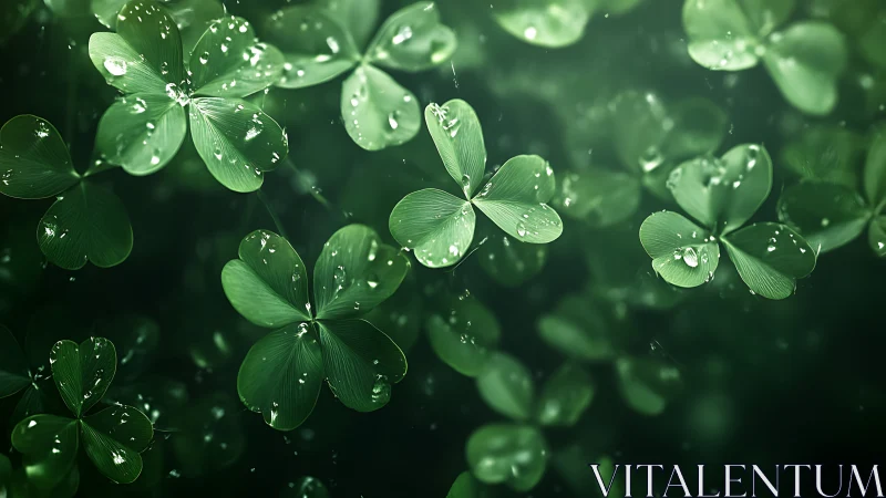 Macro clover leaves with refractive raindrops in shallow depth field