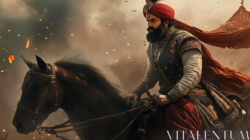 Gallant rider in crimson leading a storm of swirling embers.