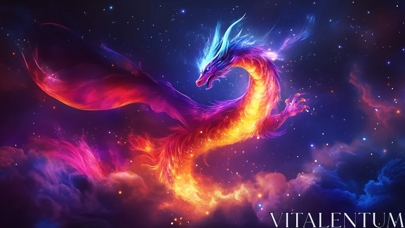 Fiery cosmic dragon glides through glowing nebula sky tonight