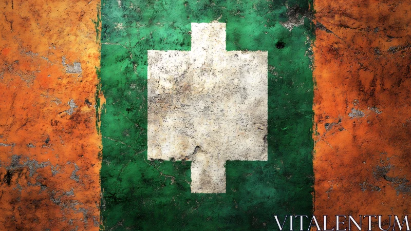 Weathered tricolor flag with bold central white emblem.