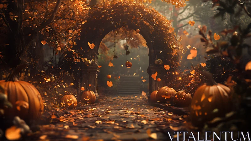 Whispering pumpkin path beneath an enchanted autumn archway.