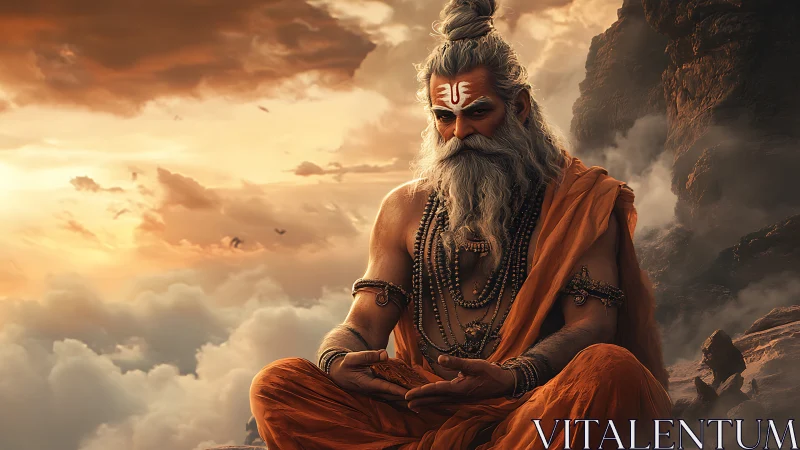 Himalayan sage in meditative pose amid stormlit cloud abyss