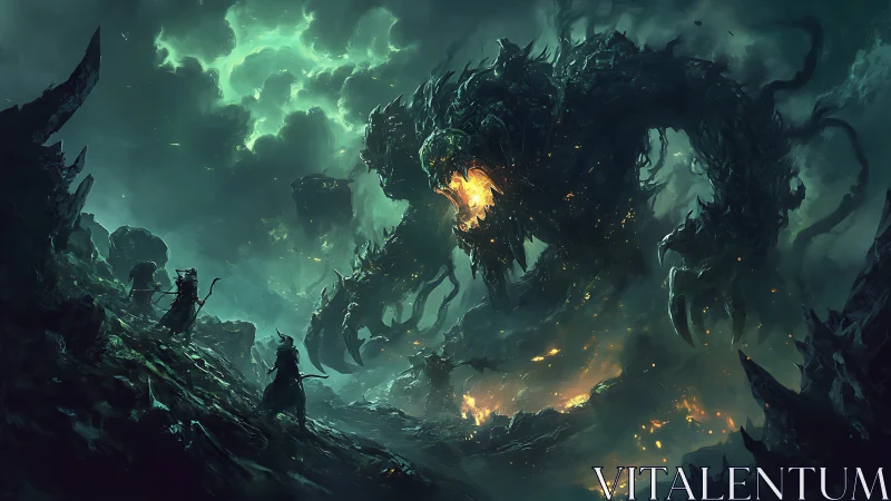 Colossal infernal wraith confronts cloaked warriors in toxic storm