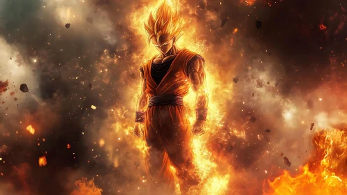 Fiery anime warrior emerges from explosive inferno storm.