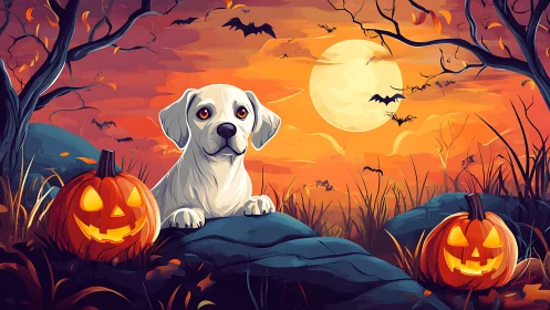 Gentle white puppy enjoys a glowing Halloween moonrise
