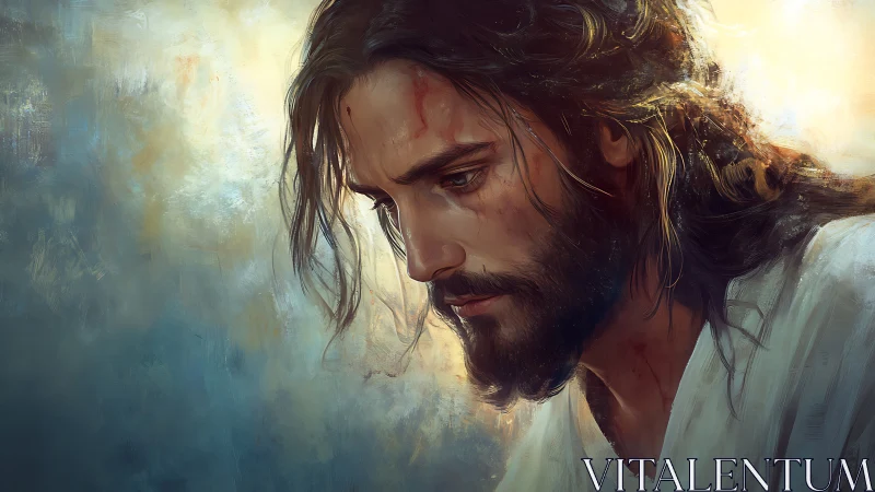 Sorrowful bearded man in robe gazes downward in soft light