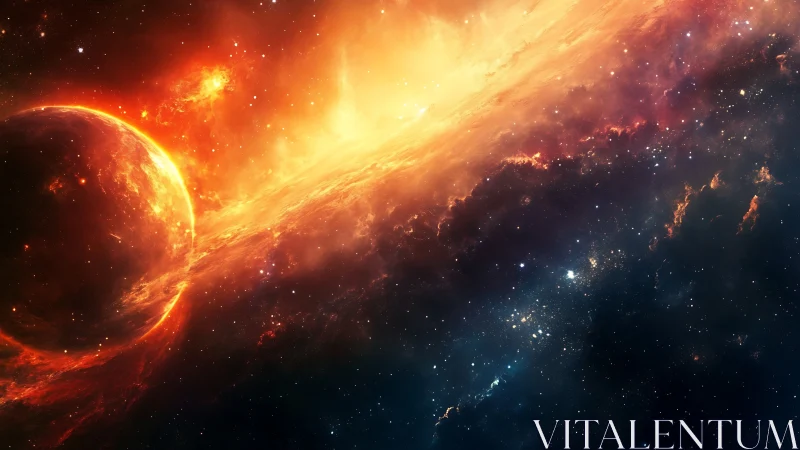 Fiery planet drifts beside a blazing galactic nebula sky