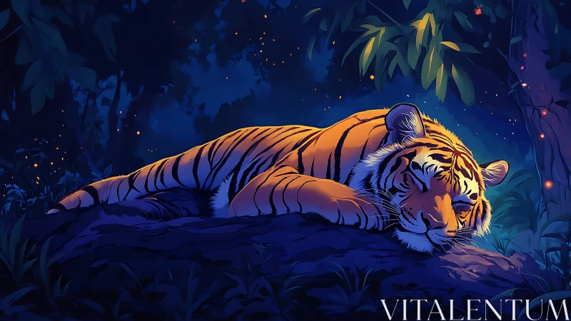 Moonlit tiger drifts into glowing jungle ember dreams