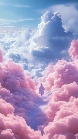 Person walking along pastel pink cloud path in the sky.