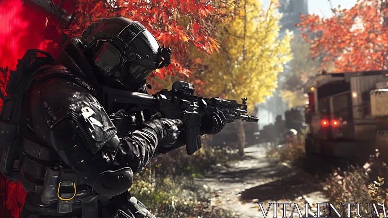 Armored soldier advances with rifle through autumn city street