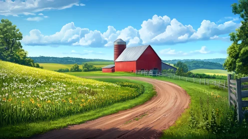 Red Midwest barn and silo beside curving dirt farm road under blue sky