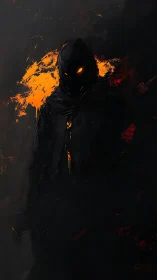 Hooded shadow figure with orange glowing eyes in darkness.
