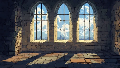 Gothic stone interior with triple lancet windows and shadows.