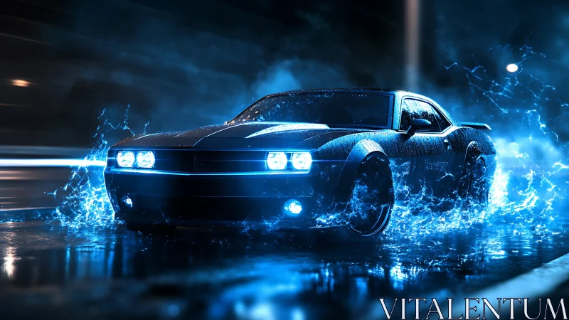 Electric blue muscle car emits dynamic plasma arcs on wet asphalt