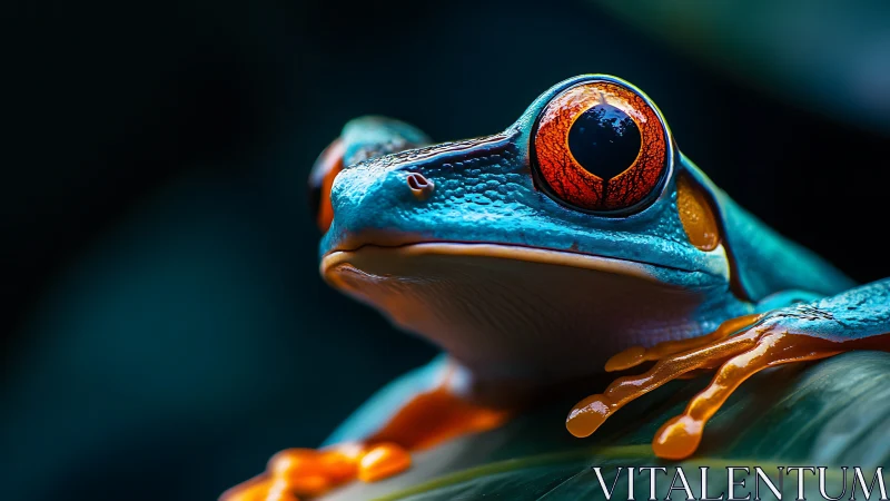 Curious blue tree frog resting calmly on a leafy perch.