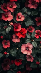 Red Cosmos Flowers with Dark Foliage.