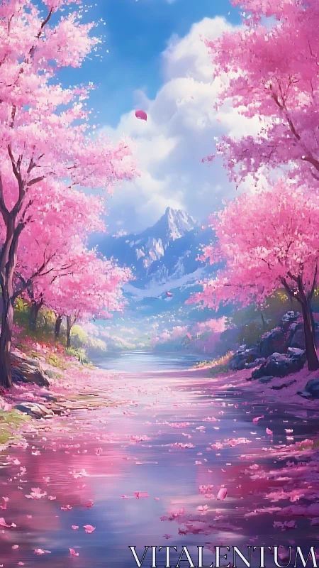 Cherry blossom river valley under distant snowy mountains.